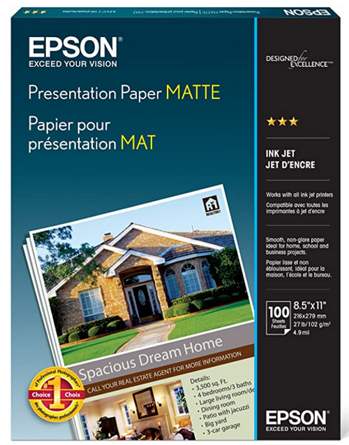 Matte Presentation Paper, White, 8-1/2" x 11", 27 lbs.