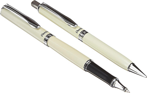 Pentel Libretto Roller Gel Pen and Pencil Set with Gift Box, Pen 0.7mm and Pencil 0.5mm, Cream Barrels