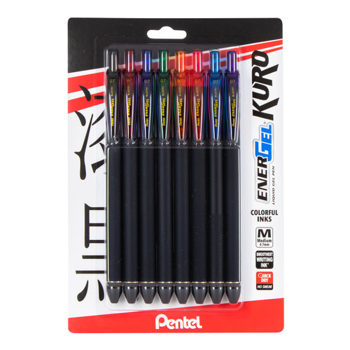 Pentel EnerGel Kuro Retractable Liquid Gel Pen, Medium Point (0.7mm), Assorted Colors, 8 Count