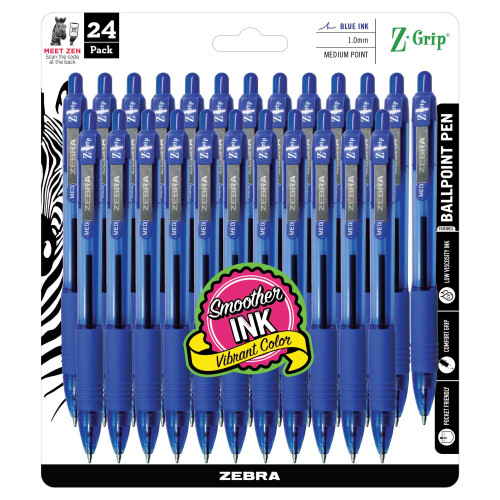 Zebra Z-Grip Retractable Ballpoint Pen, 1.0mm Medium Point, Blue, 24 Count