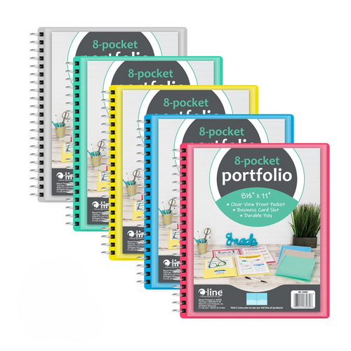 C-line 8-Pocket Spiral Bound Poly Portfolio, 8-1/2" x 11", Assorted Colors
