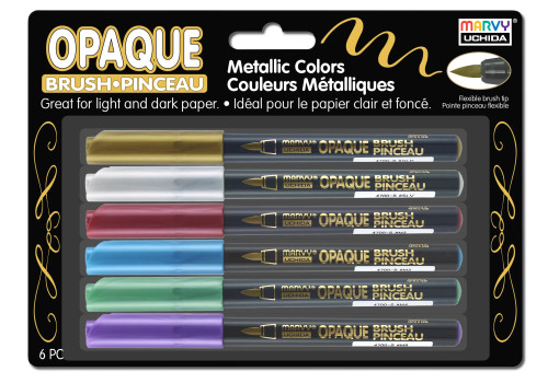 Uchida Opaque Metallic Brush Markers Set, Brush Tip, Assorted Colors, 6 Count