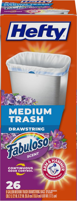Hefty 8 Gallon Medium Trash Bags, Fabuloso Scented, White, 26 Count