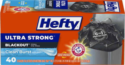 Hefty Ultra Strong 13 Gallon Tall Kitchen Trash Bags, Clean Burst Scented, Blackout, 40 Count