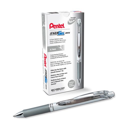 EnerGel RTX Liquid Gel Pen, Retractable, Metal Tip, Medium Point (0.7mm), Gray