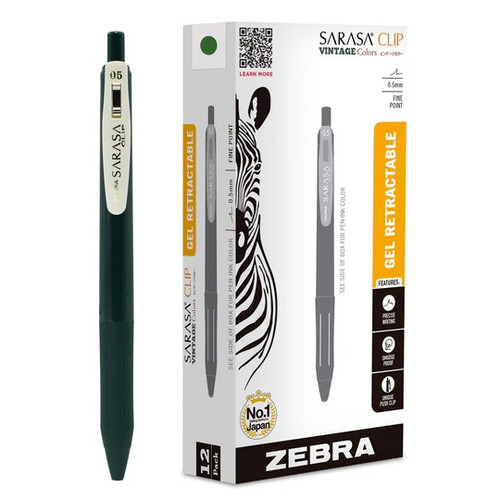 Zebra Sarasa Clip Vintage Retractable Gel Pen, Fine Point (0.5mm), Green Black