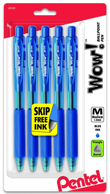 Pentel Wow! Retractable Ballpoint Pens, Medium Point (1.0mm), Blue, 5 Count