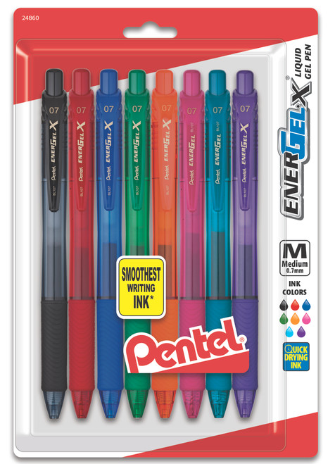 Pentel EnerGel-X Retractable Liquid Gel Pens, Medium Point (0.7mm), Assorted Colors, 8 Count