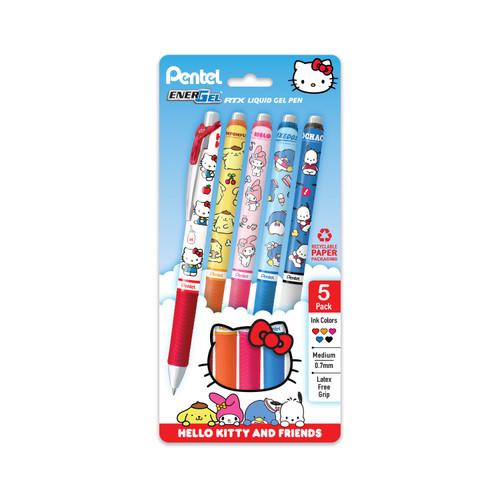 Pentel EnerGel RTX Retractable Liquid Gel Pens, Hello Kitty & Friends Limited Edition, Medium Point (0.7mm), Mix 2 Assorted Ink, Plastic-Free 5 Count