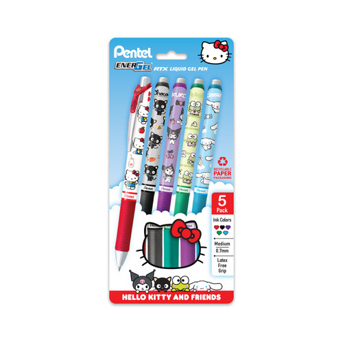 Pentel EnerGel RTX Retractable Liquid Gel Pens, Hello Kitty & Friends Limited Edition, Medium Point (0.7mm), Mix 1 Assorted Ink, Plastic-Free 5 Count