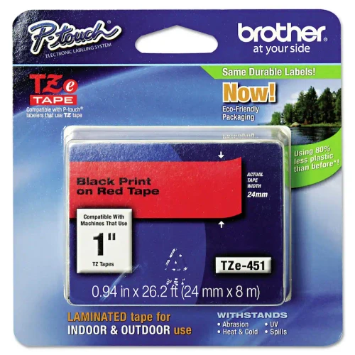 Brother Genuine TZe-451 P-Touch Black Print on Red Laminated Label Tape, 1"