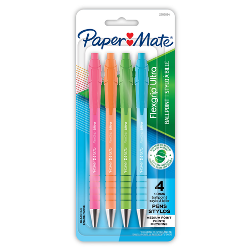 Paper Mate FlexGrip Ultra Retractable Ballpoint Pens, Medium Point (1.0mm), Assorted Barrel Colors, Black Ink, 4 Count
