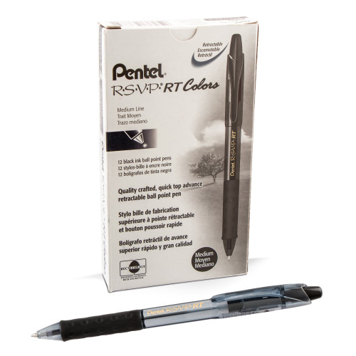 Pentel R.S.V.P. RT Colors Retractable Ballpoint Pen, Medium Point (1.0mm), Black, 12 Count