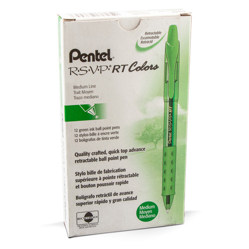 Pentel R.S.V.P. RT Colors Retractable Ballpoint Pen, Medium Point (1.0mm), Green, 12 Count
