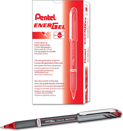 Pentel EnerGel NV Liquid Gel Pen, Bold Point (1.0mm), Red, 12 Count