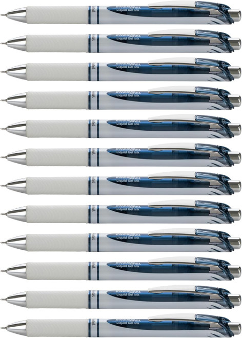 Pentel EnerGel Pearl Retractable Liquid Gel Pen, Fine Point (0.5mm) Needle Tip, White Barrel/Navy Blue Accents, Navy Blue Ink, 12 Count