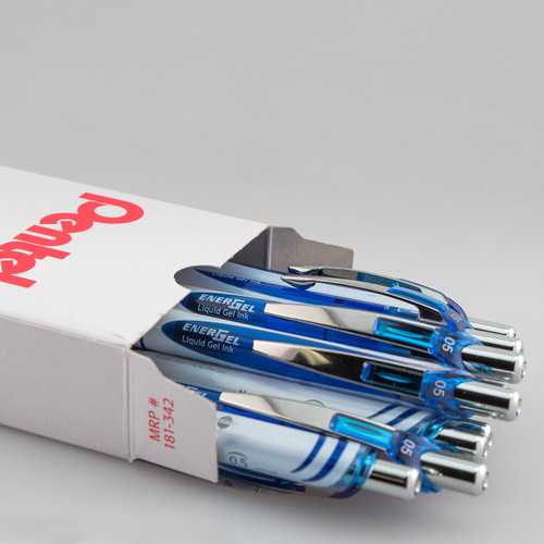 Pentel EnerGel Pearl Retractable Liquid Gel Pen, Fine Point (0.5mm) Needle Tip, White Barrel/Blue Accents, Blue Ink, 12 Count