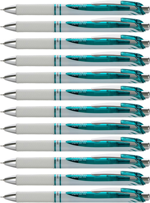 Pentel EnerGel Pearl Retractable Liquid Gel Pen, Fine Point (0.5mm) Needle Tip, White Barrel/Sky Blue Accents, Sky Blue Ink, 12 Count