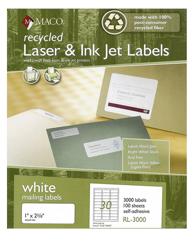 Laser/Inkjet Recycled Label, 1in. x 2-5/8in., White, 3000 Labels ...