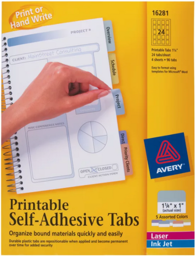Printable Tabs, 1-1/4", Assorted Colors, Self-Adhesive, Repositionable ...