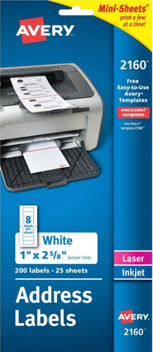 Address Labels, 1" x 2-5/8", White, Mini-Sheet, Permanent, 200 Labels