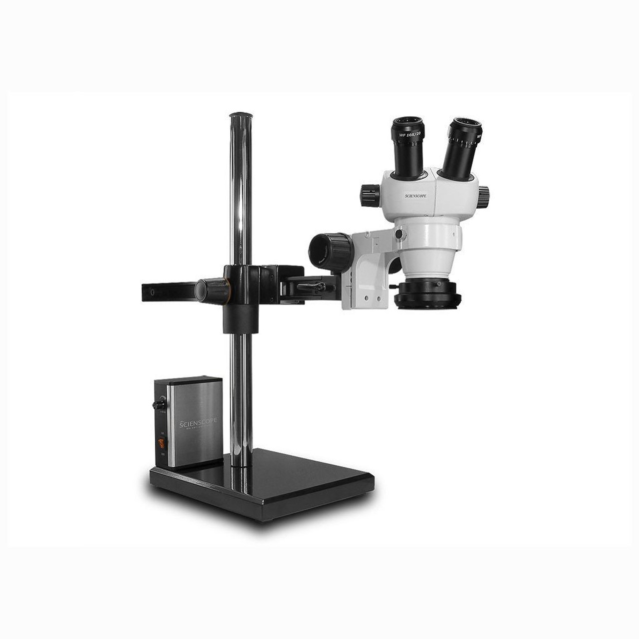 Scienscope ELZ-PK5-R2E  |  ELZ Stereo Zoom Binocular, Eye Guards, Gliding Arm Boom Stand, 0.5X Aux Lens, and8 Point LED Ring Light