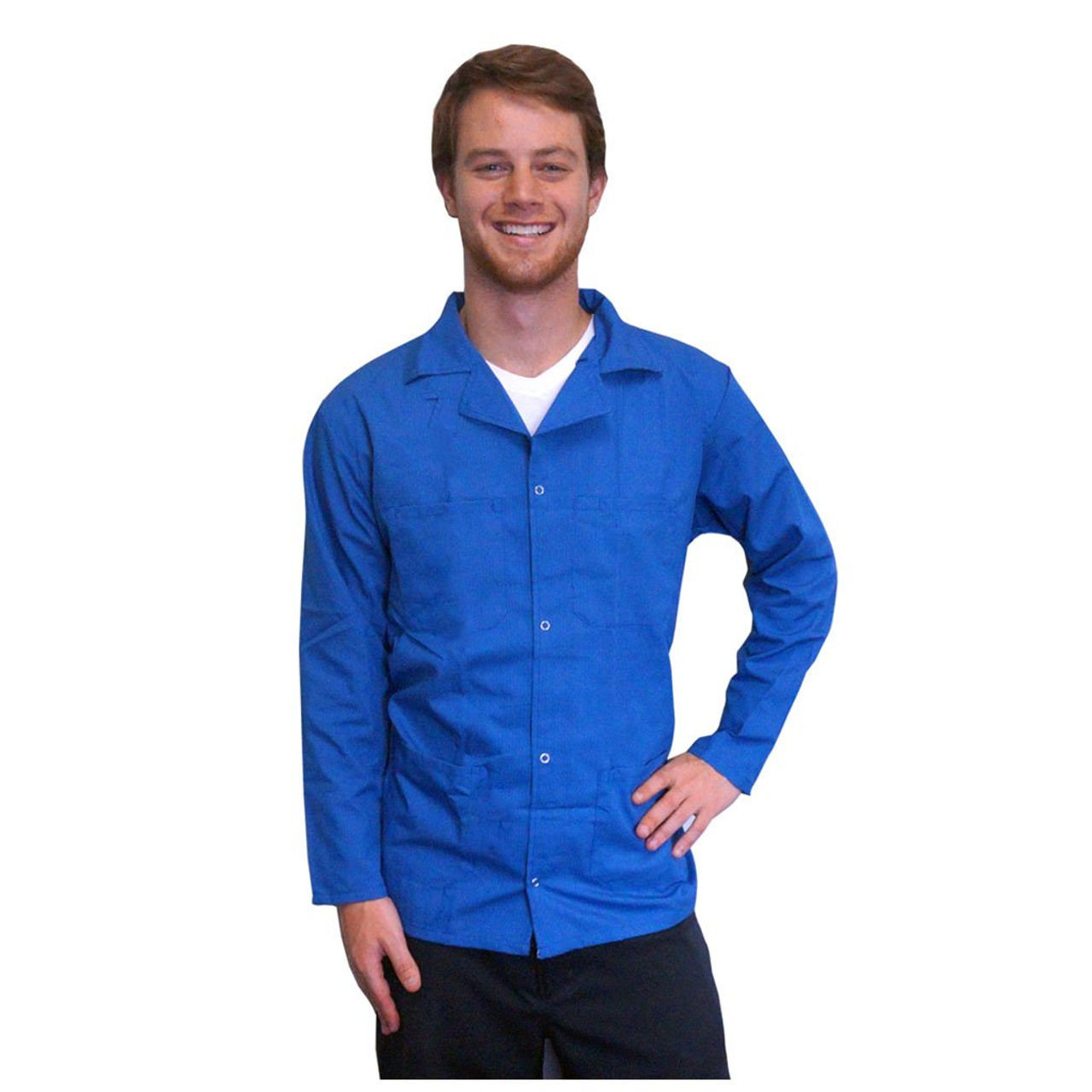 Transforming Technologies JWC5402LB  |  ESD Jacket, Waist Length, Lapel Collar, Knit Cuff, Small, Light Blue