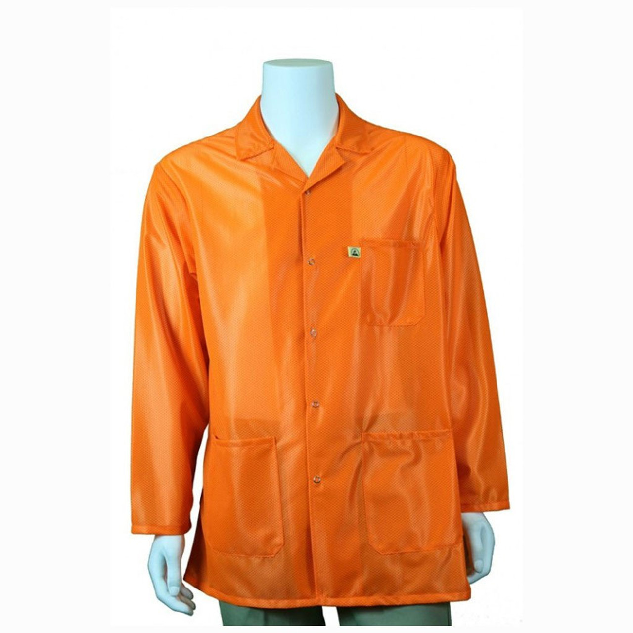 Tech Wear LOJ-HVO3C-4XL  |  Lapel Collar, OFX-100 Fabric, Hip-Length Jacket, Hi-Vis Orange, 3 Pockets, 4XL, ESD Grid-Knit Grounding Cuffs