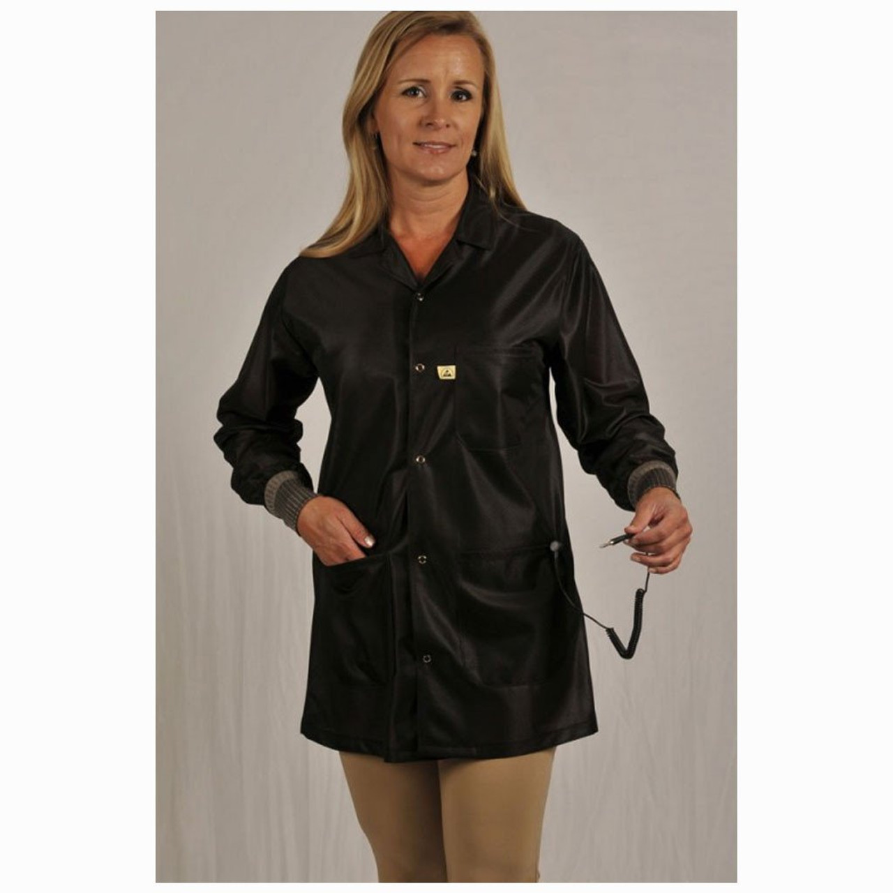 Tech Wear LOJ-93C-4XL  |  Lapel Collar, OFX-100 Fabric, Hip-Length Jacket, Black, 3 Pockets, 4XL, ESD Grid-Knit Grounding Cuffs
