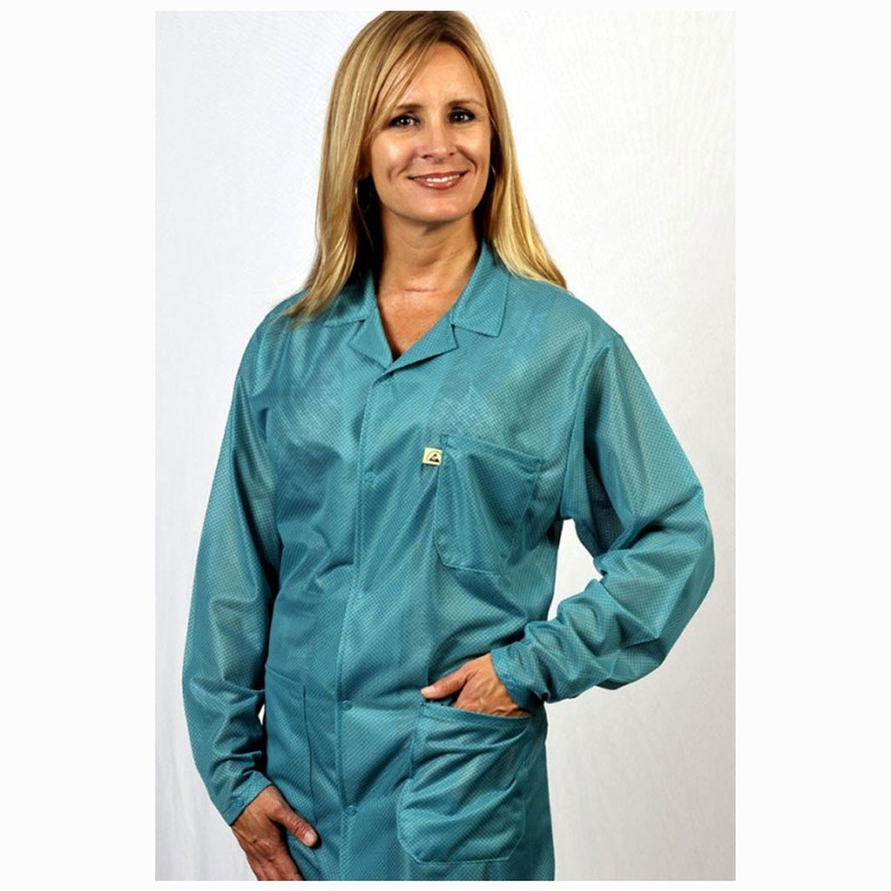 Tech Wear LOJ-83C-XL  |  Lapel Collar, OFX-100 Fabric, Hip-Length Jacket, Teal, 3 Pockets, XL, ESD Grid-Knit Grounding Cuffs