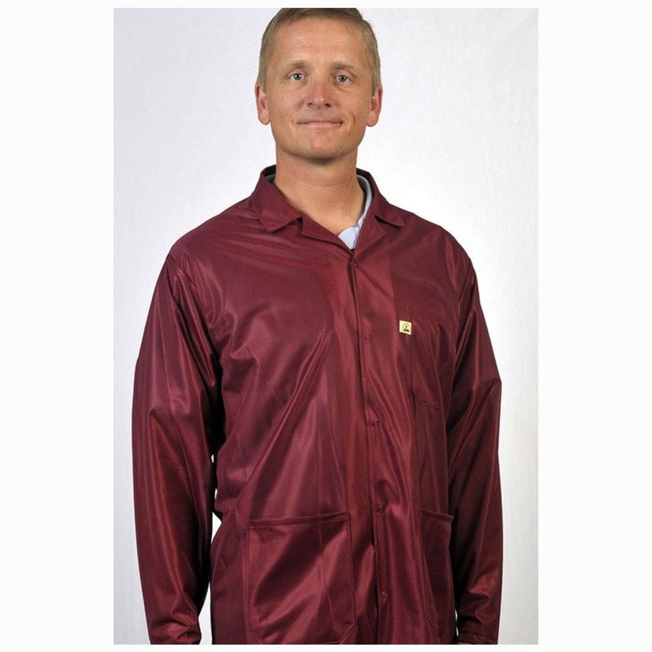 Tech Wear LOJ-33C-XL  |  Lapel Collar, OFX-100 Fabric, Hip-Length Jacket, Burgundy, 3 Pockets, XL, ESD Grid-Knit Grounding Cuffs