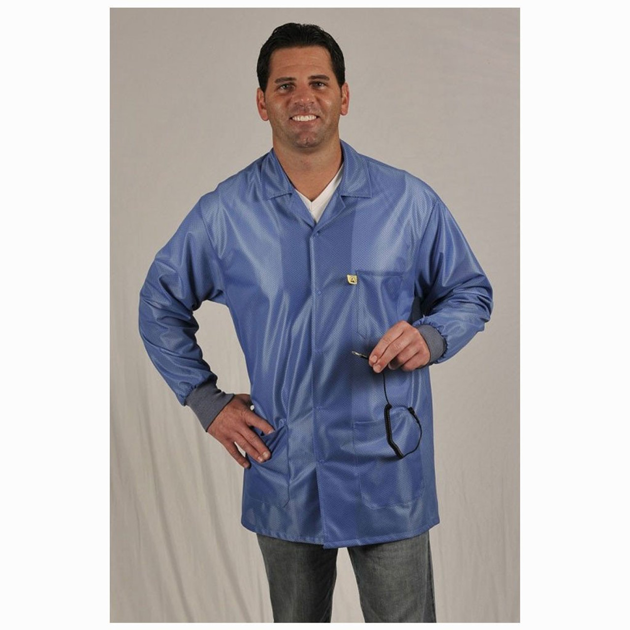 Tech Wear LOJ-23C-2XL  |  Lapel Collar, OFX-100 Fabric, Hip-Length Jacket, Blue, 3 Pockets, 2XL, ESD Grid-Knit Grounding Cuffs