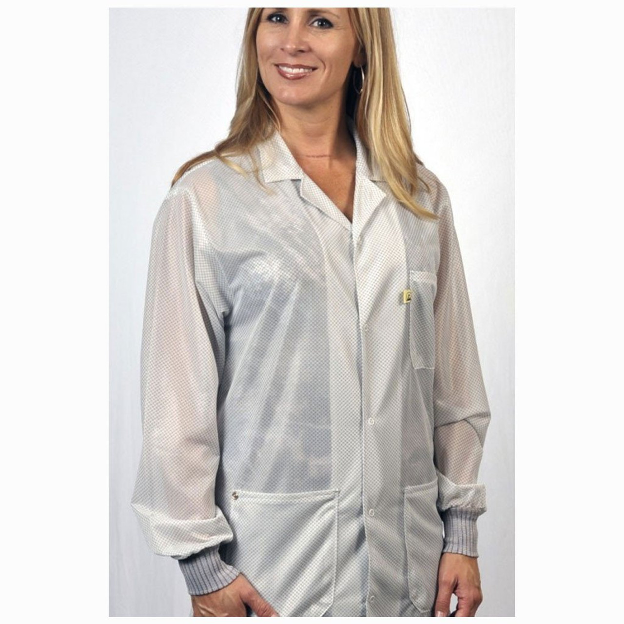 Tech Wear LOJ-13C-S  |  Lapel Collar, OFX-100 Fabric, Hip-Length Jacket, White, 3 Pockets, S, ESD Grid-Knit Grounding Cuffs