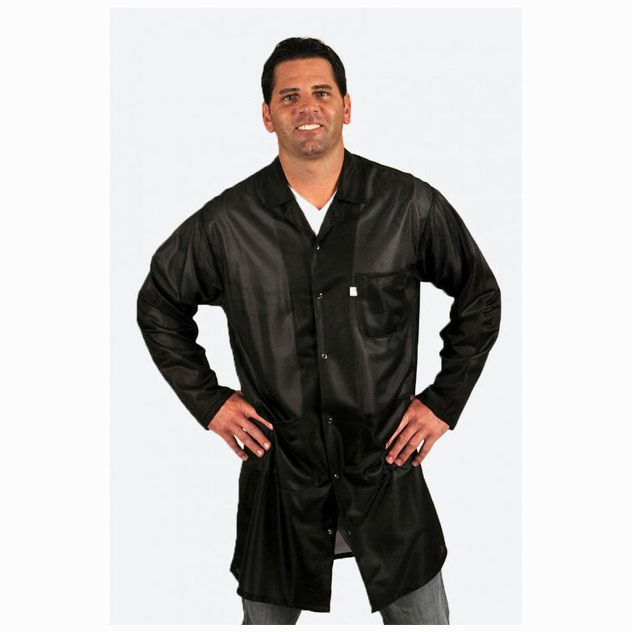 Tech Wear LOC-93C-6XL  |  Lapel Collar, OFX-100 Fabric, Knee-Length Coat, Black, 3 Pockets, 6XL, ESD Grid-Knit Grounding Cuffs