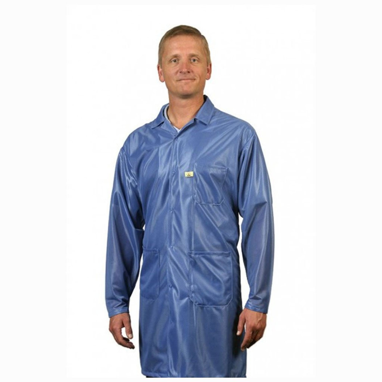 Tech Wear LOC-23C-M  |  Lapel Collar, OFX-100 Fabric, Knee-Length Coat, Blue, 3 Pockets, M, ESD Grid-Knit Grounding Cuffs