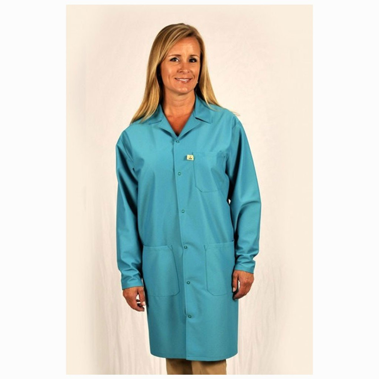 Tech Wear LIC-83C-XS  |  Lapel Collar, IVX-400 Fabric, Knee-Length Coat, Teal, 3 Pockets, XS, ESD Grid-Knit Grounding Cuffs