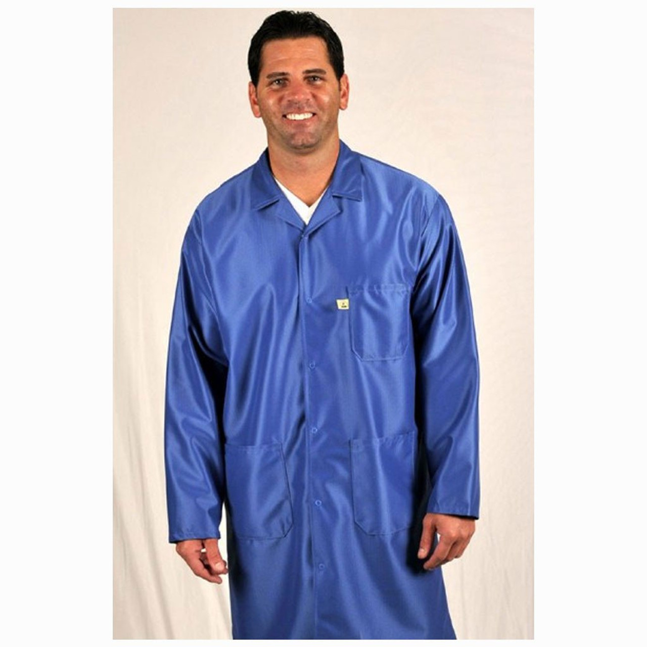Tech Wear LIC-43C-XL  |  Lapel Collar, IVX-400 Fabric, Knee-Length Coat, Blue, 3 Pockets, XL, ESD Grid-Knit Grounding Cuffs