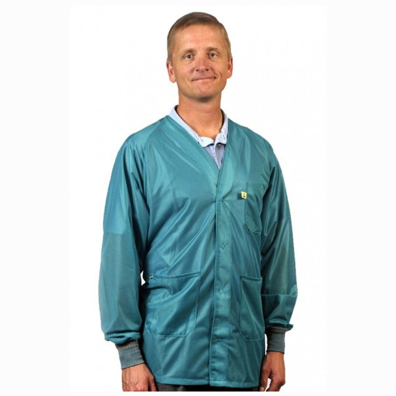 Tech Wear HOJ-83C-XL  |  Hallmark Collar, OFX-100 Fabric, Hip-Length Jacket, Teal, 3 Pockets, XL, ESD Grid-Knit Grounding Cuffs