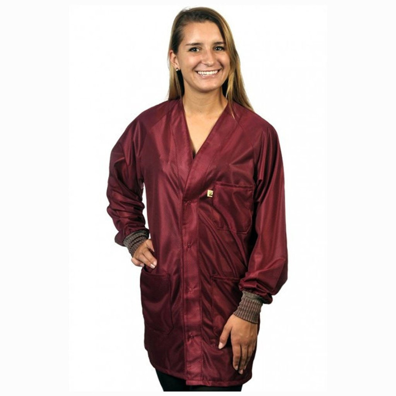Tech Wear HOJ-33C-XL  |  Hallmark Collar, OFX-100 Fabric, Hip-Length Jacket, Burgundy, 3 Pockets, XL, ESD Grid-Knit Grounding Cuffs
