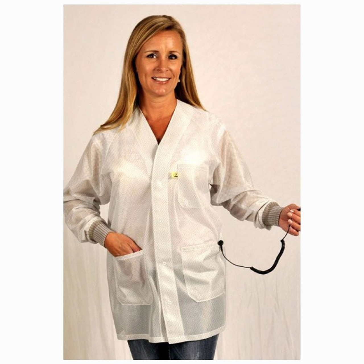 Tech Wear HOJ-13C-6XL  |  Hallmark Collar, OFX-100 Fabric, Hip-Length Jacket, White, 3 Pockets, 6XL, ESD Grid-Knit Grounding Cuffs