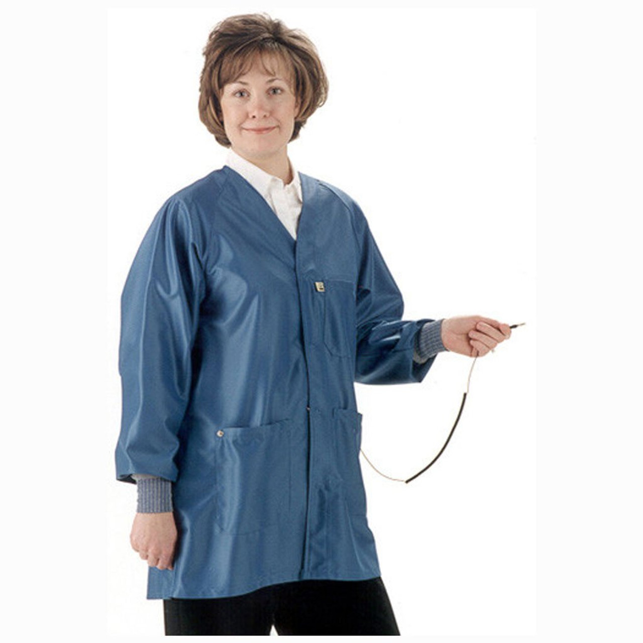 Tech Wear HIJ-43C-XL  |  Hallmark Collar, IVX-400 Fabric, Hip-Length Jacket, Blue, 3 Pockets, XL, ESD Grid-Knit Grounding Cuffs
