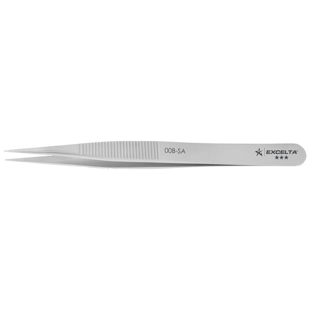 Excelta 00B-SA  |  Tweezers - Strong Medium Point - Straight - 3-Star - Anti-Mag. SS - Finger Serrations