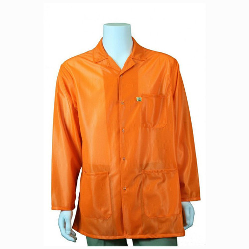 Tech Wear LOJ-HVO3C-XL  |  Lapel Collar, OFX-100 Fabric, Hip-Length Jacket, Hi-Vis Orange, 3 Pockets, XL, ESD Grid-Knit Grounding Cuffs