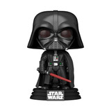 Unboxed Funko Pop! Darth Vader figure with black armor and red lightsaber, standing on Star Wars base