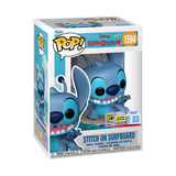 Funko Pop Stitch on Surfboard Vinyl Figure #1594 – Disney Lilo & Stitch SDCC 2025 Collectible in Display Box