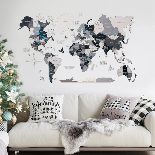 3D Colored Wooden World Map – Nordik Edition – Multicolor wall art showing North America and Canada details.