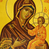 Mother of God "Deliverer" (Матерь Божья Избавительница). This icon, of relatively recent origin, was brought to the New Athos Monastery of Simon the Canaanite in the Caucasus and was was kept on Mount Athos by Schemamonk Martinian, a monk of the Russian St. Panteleimon Monastery, who received it from the great ascetic, Hieromonk Theodul.  Inscription in Slavonic: ΜΡ ΘΥ (Mother of God), IC XC (Jesus Christ), and the full name of the icon spelled out "Образ Пресвятой Богородицы Избавительница" (The Icon of the Most Holy Theotokos the Deliverer).