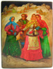 The Village Courtship (Ухаживание в Деревне). Fedoskino, 1987. Kolganova. It is the middle of winter as can be seen by the snow covered houses in the distance. Yet, the brightly-colored winter clothing the young people are wearing glows and shimmers! The maiden in the front clasps a linen handkerchief in her hand, a favorite prop of Russian dancers. All the youthful faces gentle, kind and expressive. The painting, by a trained Fedoskino master, is a feast of bright colors: vivid reds, greens, yellows, blues and browns. Materials used include translucent oil paints, metallic powders and clear lacquer. The well-made papier-mache  box is hinged and rests on four button feet.