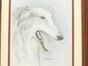 Colored pencil drawing of a Russian wolfhound, Borzoi, by Russian artist O. Matsko. Matted under glass. 10 x 12" overall. Frame has minor imperfections. Possible reflections of studio lights visible in the glass.