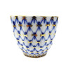 Cobalt Net Handleless Cup. An unusual serving piece from the Lomonosov Cobalt Net line. Cobalt Net is the trademark pattern produced by the Lomonosov Porcelain Factory. The pattern first appeared in 1949. It is a combination of hand painted intersecting lines, or netting, of cobalt blue with inverted tear drops of cobalt blue and 22 karat gold accents.